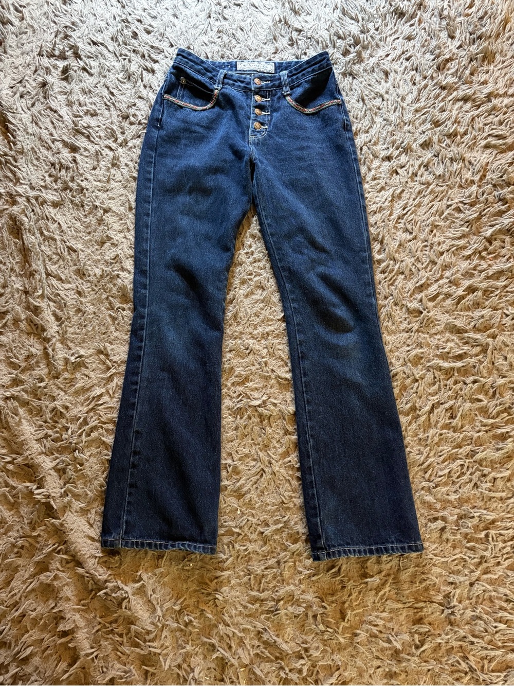 Hi-Jeans button fly fall boho country geometric trimmed dark wash jeans sz 3/4